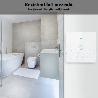 Intrerupator inteligent cu touch, Wireless, VisionHub®, Wi-fi, 1 Canal, din Sticla Securizata, Compatibil iOS/Android, Tuya, Amazon Alexa/Google Assistant, rezistent la zgarieturi, ideal pentru birou, camera de zi, dormitor, baie si bucatarie, Alb