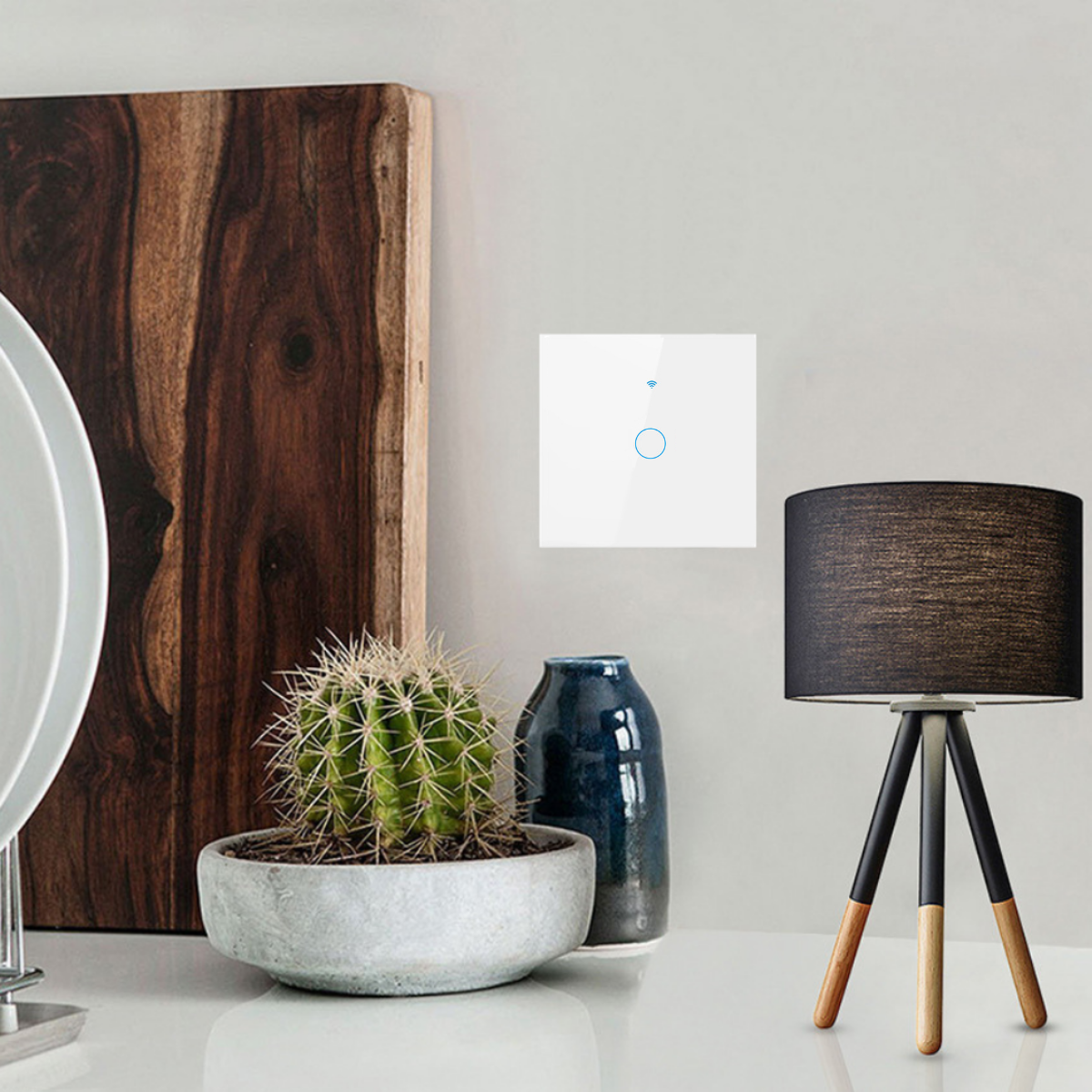 Intrerupator inteligent cu touch, Wireless, VisionHub®, Wi-fi, 1 Canal, din Sticla Securizata, Compatibil iOS/Android, Tuya, Amazon Alexa/Google Assistant, rezistent la zgarieturi, ideal pentru birou, camera de zi, dormitor, baie si bucatarie, Alb