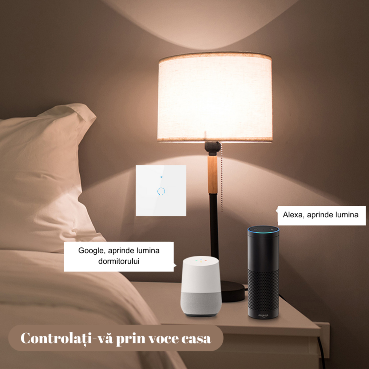 Intrerupator inteligent cu touch, Wireless, VisionHub®, Wi-fi, 1 Canal, din Sticla Securizata, Compatibil iOS/Android, Tuya, Amazon Alexa/Google Assistant, rezistent la zgarieturi, ideal pentru birou, camera de zi, dormitor, baie si bucatarie, Alb