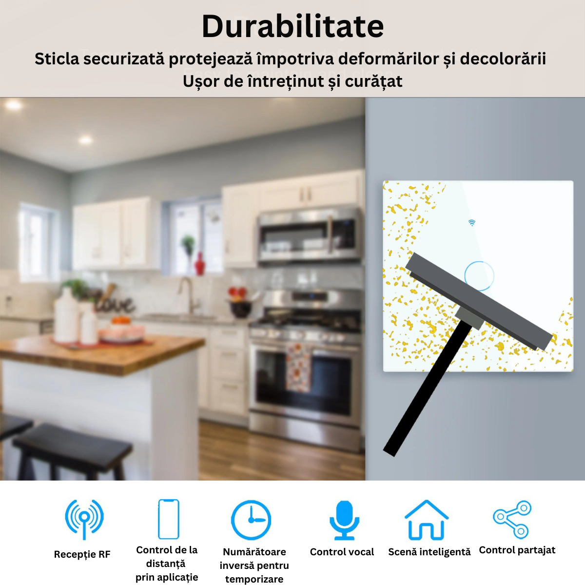 Intrerupator inteligent cu touch, Wireless, VisionHub®, Wi-fi, 1 Canal, din Sticla Securizata, Compatibil iOS/Android, Tuya, Amazon Alexa/Google Assistant, rezistent la zgarieturi, ideal pentru birou, camera de zi, dormitor, baie si bucatarie, Alb