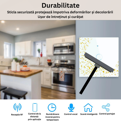 Intrerupator inteligent cu touch, Wireless, VisionHub®, Wi-fi, 1 Canal, din Sticla Securizata, Compatibil iOS/Android, Tuya, Amazon Alexa/Google Assistant, rezistent la zgarieturi, ideal pentru birou, camera de zi, dormitor, baie si bucatarie, Alb