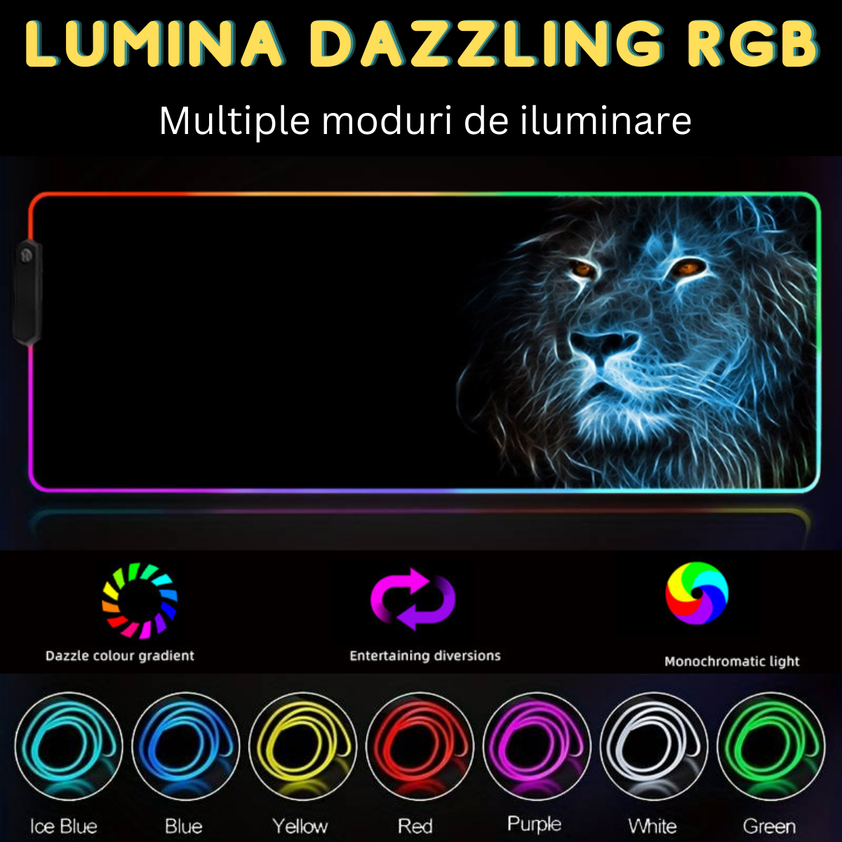 MousePad profesional Gaming RGB mare, Lumini LED, Suprafata moale, Baza Anti-Alunecare Cauciucata, Multiple moduri de iluminare, Luminozitate Ajustabila, 600x350x4mm, Leu