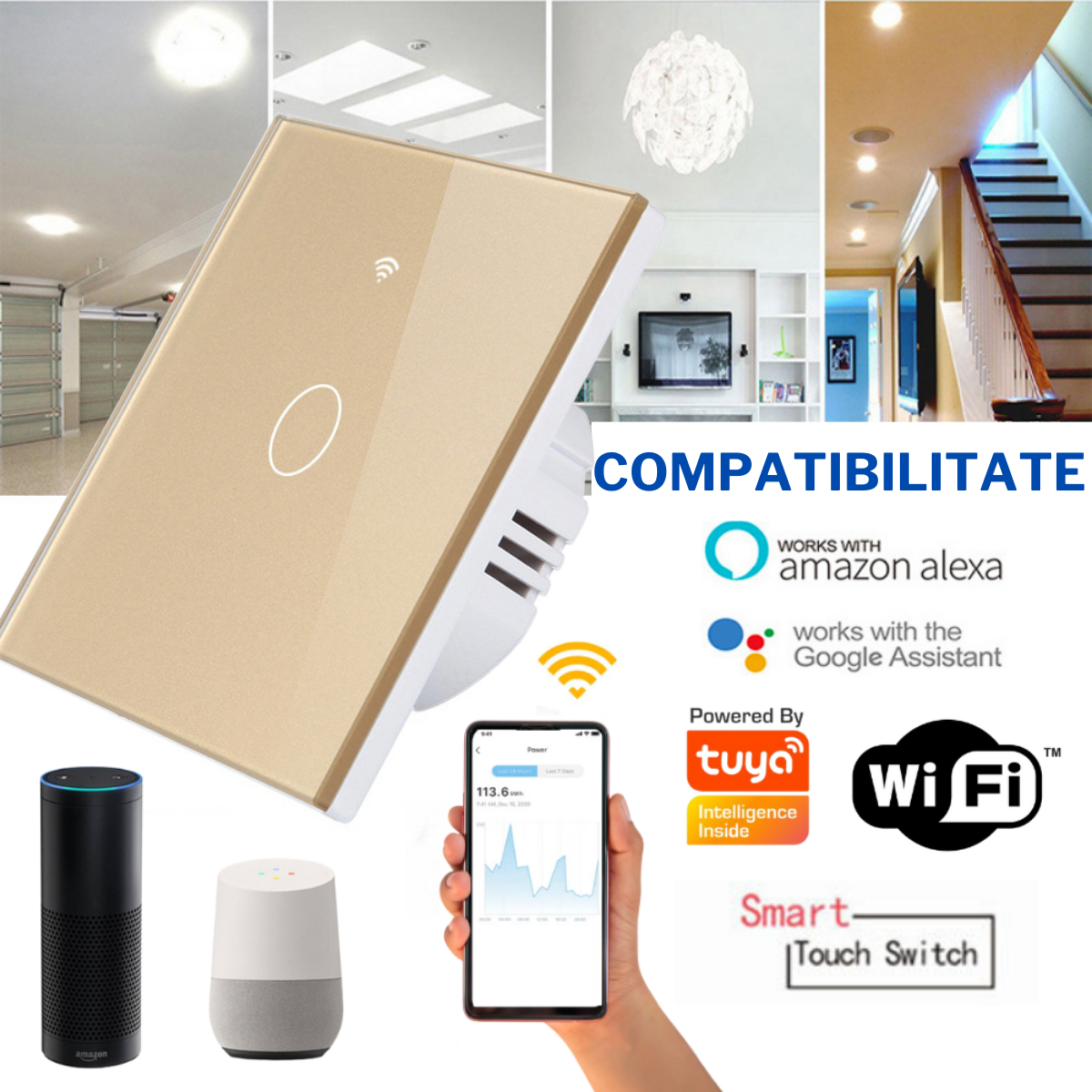 Intrerupator inteligent cu touch, Wireless, VisionHub®, Wi-fi, 1 Canal, din Sticla Securizata, Compatibil iOS/Android, Tuya, Amazon Alexa/Google Assistant, rezistent la zgarieturi, ideal pentru birou, camera de zi, dormitor, baie si bucatarie, Auriu