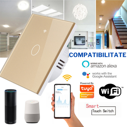 Intrerupator inteligent cu touch, Wireless, VisionHub®, Wi-fi, 1 Canal, din Sticla Securizata, Compatibil iOS/Android, Tuya, Amazon Alexa/Google Assistant, rezistent la zgarieturi, ideal pentru birou, camera de zi, dormitor, baie si bucatarie, Auriu