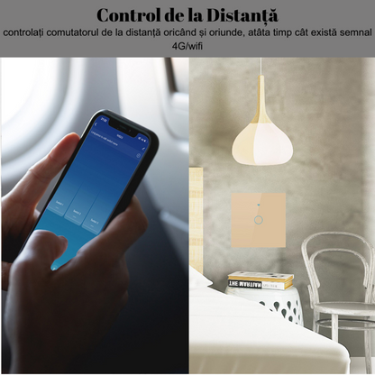 Intrerupator inteligent cu touch, Wireless, VisionHub®, Wi-fi, 1 Canal, din Sticla Securizata, Compatibil iOS/Android, Tuya, Amazon Alexa/Google Assistant, rezistent la zgarieturi, ideal pentru birou, camera de zi, dormitor, baie si bucatarie, Auriu