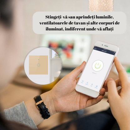 Intrerupator inteligent cu touch, Wireless, VisionHub®, Wi-fi, 1 Canal, din Sticla Securizata, Compatibil iOS/Android, Tuya, Amazon Alexa/Google Assistant, rezistent la zgarieturi, ideal pentru birou, camera de zi, dormitor, baie si bucatarie, Auriu