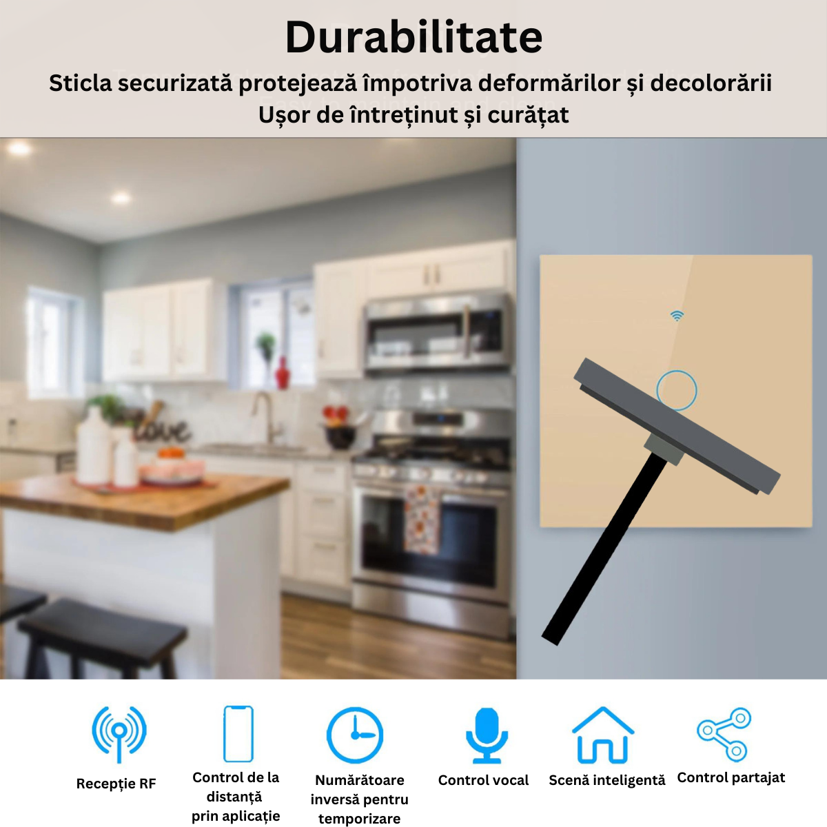 Intrerupator inteligent cu touch, Wireless, VisionHub®, Wi-fi, 1 Canal, din Sticla Securizata, Compatibil iOS/Android, Tuya, Amazon Alexa/Google Assistant, rezistent la zgarieturi, ideal pentru birou, camera de zi, dormitor, baie si bucatarie, Auriu