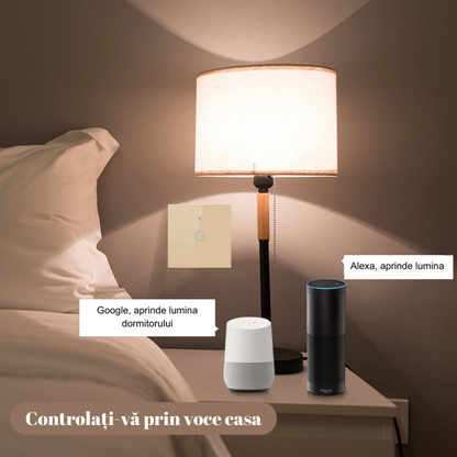 Intrerupator inteligent cu touch, Wireless, VisionHub®, Wi-fi, 1 Canal, din Sticla Securizata, Compatibil iOS/Android, Tuya, Amazon Alexa/Google Assistant, rezistent la zgarieturi, ideal pentru birou, camera de zi, dormitor, baie si bucatarie, Auriu