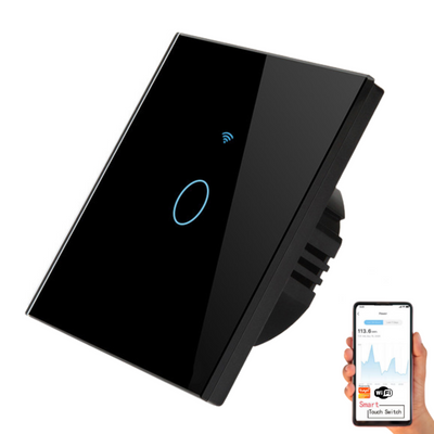 Intrerupator inteligent cu touch, Wireless, VisionHub®, Wi-fi, 1 Canal, din Sticla Securizata, Compatibil iOS/Android, Tuya, Amazon Alexa/Google Assistant, rezistent la zgarieturi, ideal pentru birou, camera de zi, dormitor, baie si bucatarie, Negru
