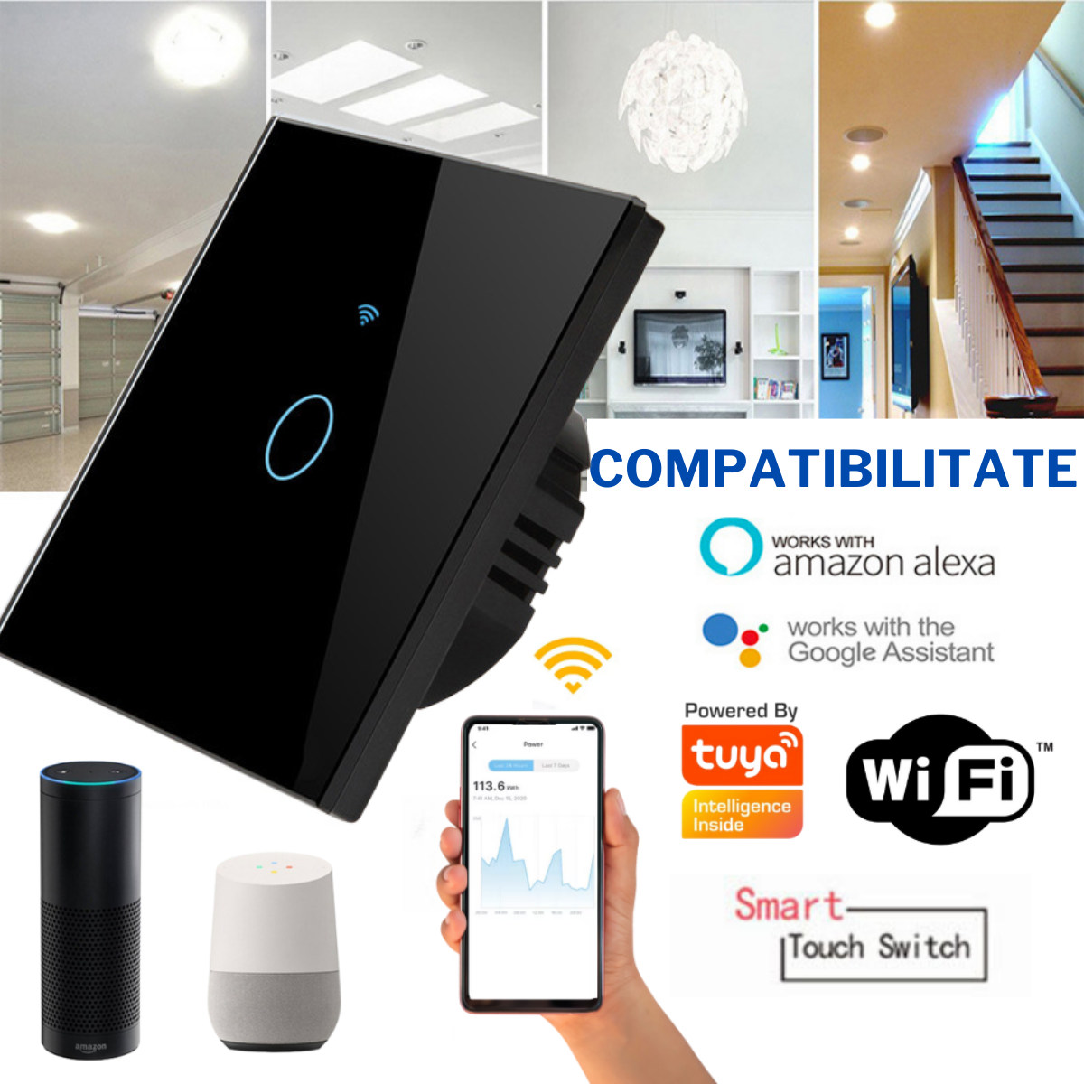 Intrerupator inteligent cu touch, Wireless, VisionHub®, Wi-fi, 1 Canal, din Sticla Securizata, Compatibil iOS/Android, Tuya, Amazon Alexa/Google Assistant, rezistent la zgarieturi, ideal pentru birou, camera de zi, dormitor, baie si bucatarie, Negru