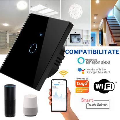 Intrerupator inteligent cu touch, Wireless, VisionHub®, Wi-fi, 1 Canal, din Sticla Securizata, Compatibil iOS/Android, Tuya, Amazon Alexa/Google Assistant, rezistent la zgarieturi, ideal pentru birou, camera de zi, dormitor, baie si bucatarie, Negru