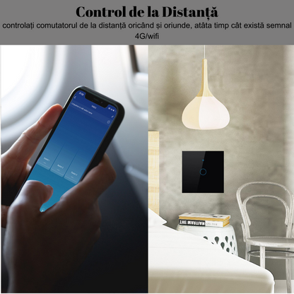 Intrerupator inteligent cu touch, Wireless, VisionHub®, Wi-fi, 1 Canal, din Sticla Securizata, Compatibil iOS/Android, Tuya, Amazon Alexa/Google Assistant, rezistent la zgarieturi, ideal pentru birou, camera de zi, dormitor, baie si bucatarie, Negru