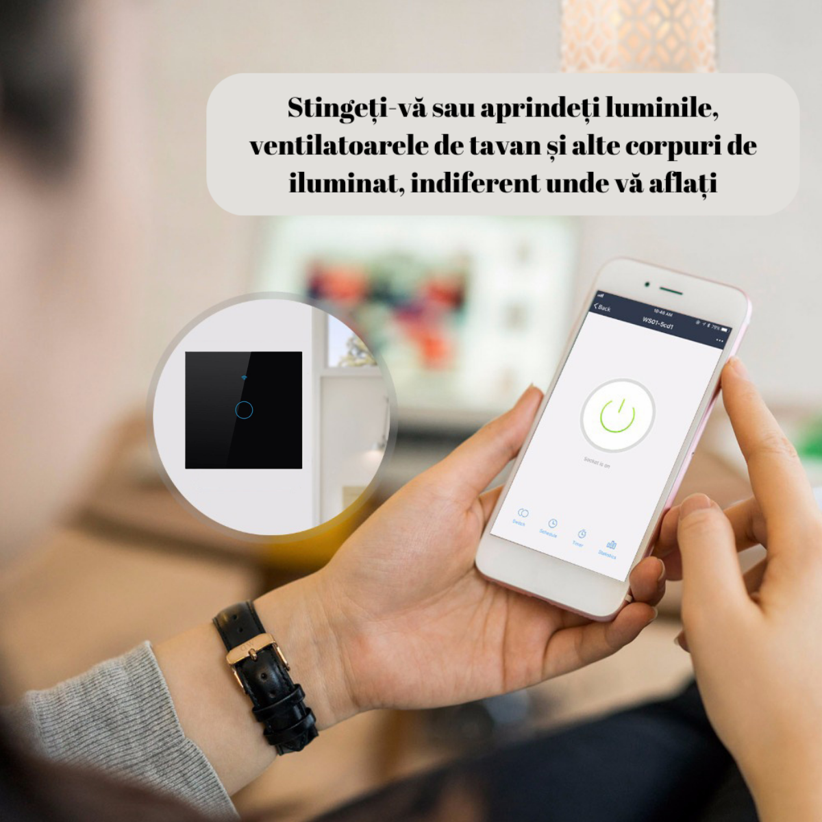 Intrerupator inteligent cu touch, Wireless, VisionHub®, Wi-fi, 1 Canal, din Sticla Securizata, Compatibil iOS/Android, Tuya, Amazon Alexa/Google Assistant, rezistent la zgarieturi, ideal pentru birou, camera de zi, dormitor, baie si bucatarie, Negru