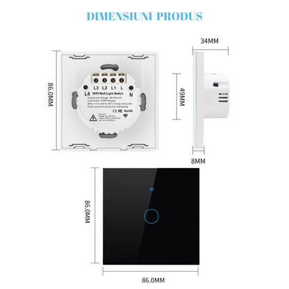 Intrerupator inteligent cu touch, Wireless, VisionHub®, Wi-fi, 1 Canal, din Sticla Securizata, Compatibil iOS/Android, Tuya, Amazon Alexa/Google Assistant, rezistent la zgarieturi, ideal pentru birou, camera de zi, dormitor, baie si bucatarie, Negru