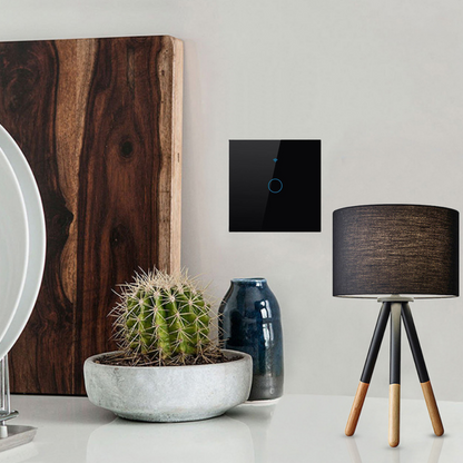 Intrerupator inteligent cu touch, Wireless, VisionHub®, Wi-fi, 1 Canal, din Sticla Securizata, Compatibil iOS/Android, Tuya, Amazon Alexa/Google Assistant, rezistent la zgarieturi, ideal pentru birou, camera de zi, dormitor, baie si bucatarie, Negru