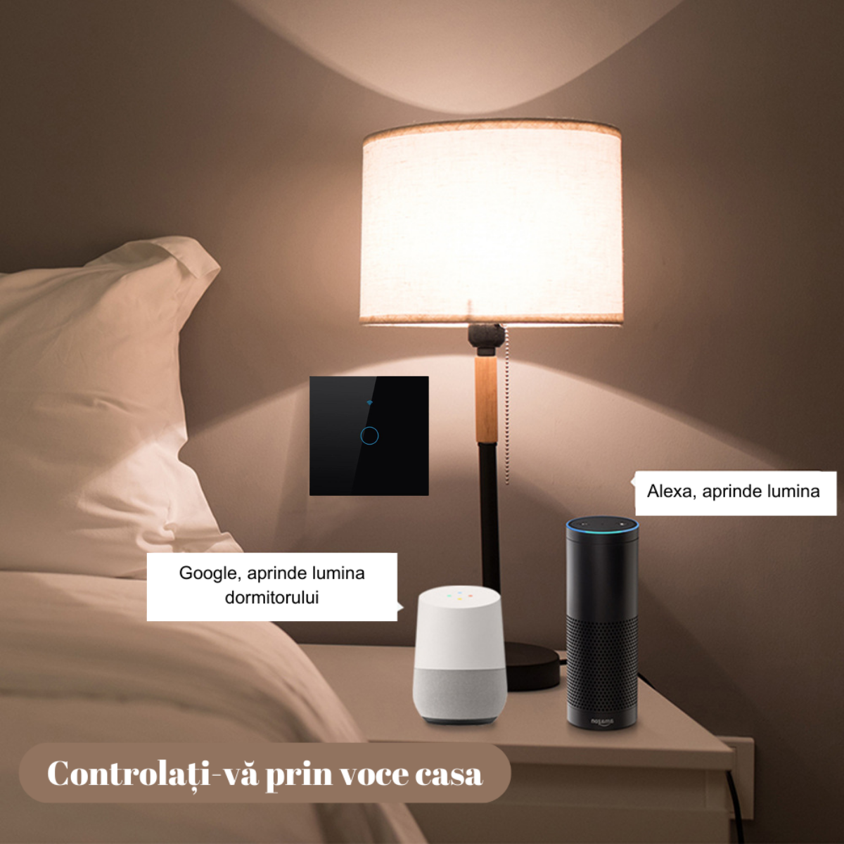 Intrerupator inteligent cu touch, Wireless, VisionHub®, Wi-fi, 1 Canal, din Sticla Securizata, Compatibil iOS/Android, Tuya, Amazon Alexa/Google Assistant, rezistent la zgarieturi, ideal pentru birou, camera de zi, dormitor, baie si bucatarie, Negru