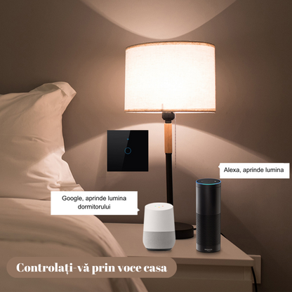 Intrerupator inteligent cu touch, Wireless, VisionHub®, Wi-fi, 1 Canal, din Sticla Securizata, Compatibil iOS/Android, Tuya, Amazon Alexa/Google Assistant, rezistent la zgarieturi, ideal pentru birou, camera de zi, dormitor, baie si bucatarie, Negru