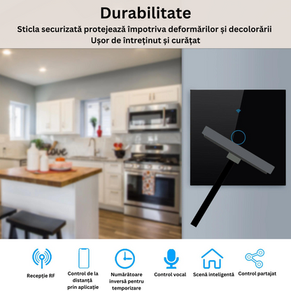 Intrerupator inteligent cu touch, Wireless, VisionHub®, Wi-fi, 1 Canal, din Sticla Securizata, Compatibil iOS/Android, Tuya, Amazon Alexa/Google Assistant, rezistent la zgarieturi, ideal pentru birou, camera de zi, dormitor, baie si bucatarie, Negru