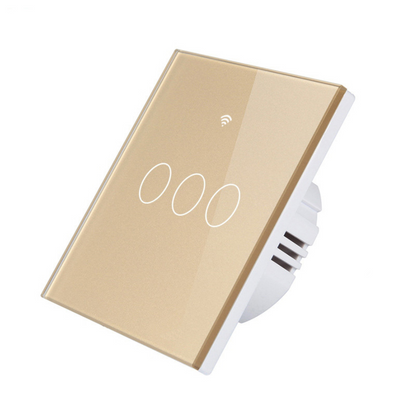 Intrerupator inteligent cu touch, Wireless, VisionHub®, Wi-fi, 3 Canale, din Sticla Securizata, Compatibil iOS/Android, Tuya, Amazon Alexa/Google Assistant, rezistent la zgarieturi, ideal pentru birou, camera de zi, dormitor, baie si bucatarie, Auriu