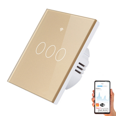 Intrerupator inteligent cu touch, Wireless, VisionHub®, Wi-fi, 3 Canale, din Sticla Securizata, Compatibil iOS/Android, Tuya, Amazon Alexa/Google Assistant, rezistent la zgarieturi, ideal pentru birou, camera de zi, dormitor, baie si bucatarie, Auriu