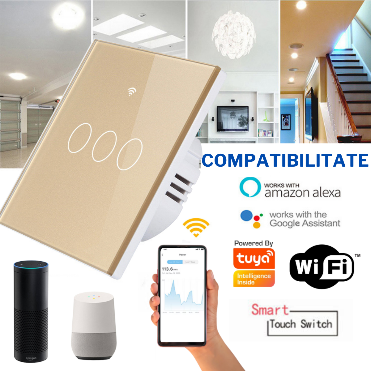 Intrerupator inteligent cu touch, Wireless, VisionHub®, Wi-fi, 3 Canale, din Sticla Securizata, Compatibil iOS/Android, Tuya, Amazon Alexa/Google Assistant, rezistent la zgarieturi, ideal pentru birou, camera de zi, dormitor, baie si bucatarie, Auriu