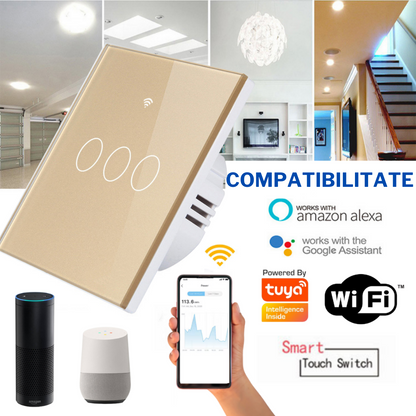 Intrerupator inteligent cu touch, Wireless, VisionHub®, Wi-fi, 3 Canale, din Sticla Securizata, Compatibil iOS/Android, Tuya, Amazon Alexa/Google Assistant, rezistent la zgarieturi, ideal pentru birou, camera de zi, dormitor, baie si bucatarie, Auriu