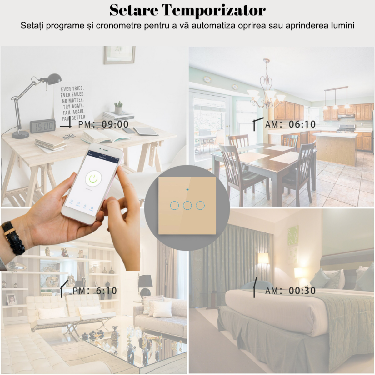 Intrerupator inteligent cu touch, Wireless, VisionHub®, Wi-fi, 3 Canale, din Sticla Securizata, Compatibil iOS/Android, Tuya, Amazon Alexa/Google Assistant, rezistent la zgarieturi, ideal pentru birou, camera de zi, dormitor, baie si bucatarie, Auriu