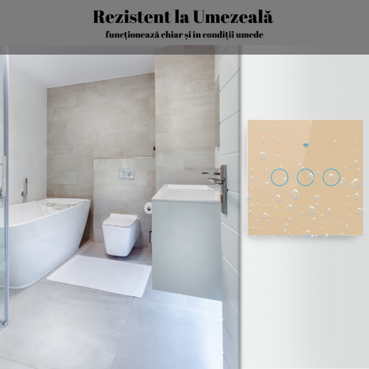Intrerupator inteligent cu touch, Wireless, VisionHub®, Wi-fi, 3 Canale, din Sticla Securizata, Compatibil iOS/Android, Tuya, Amazon Alexa/Google Assistant, rezistent la zgarieturi, ideal pentru birou, camera de zi, dormitor, baie si bucatarie, Auriu