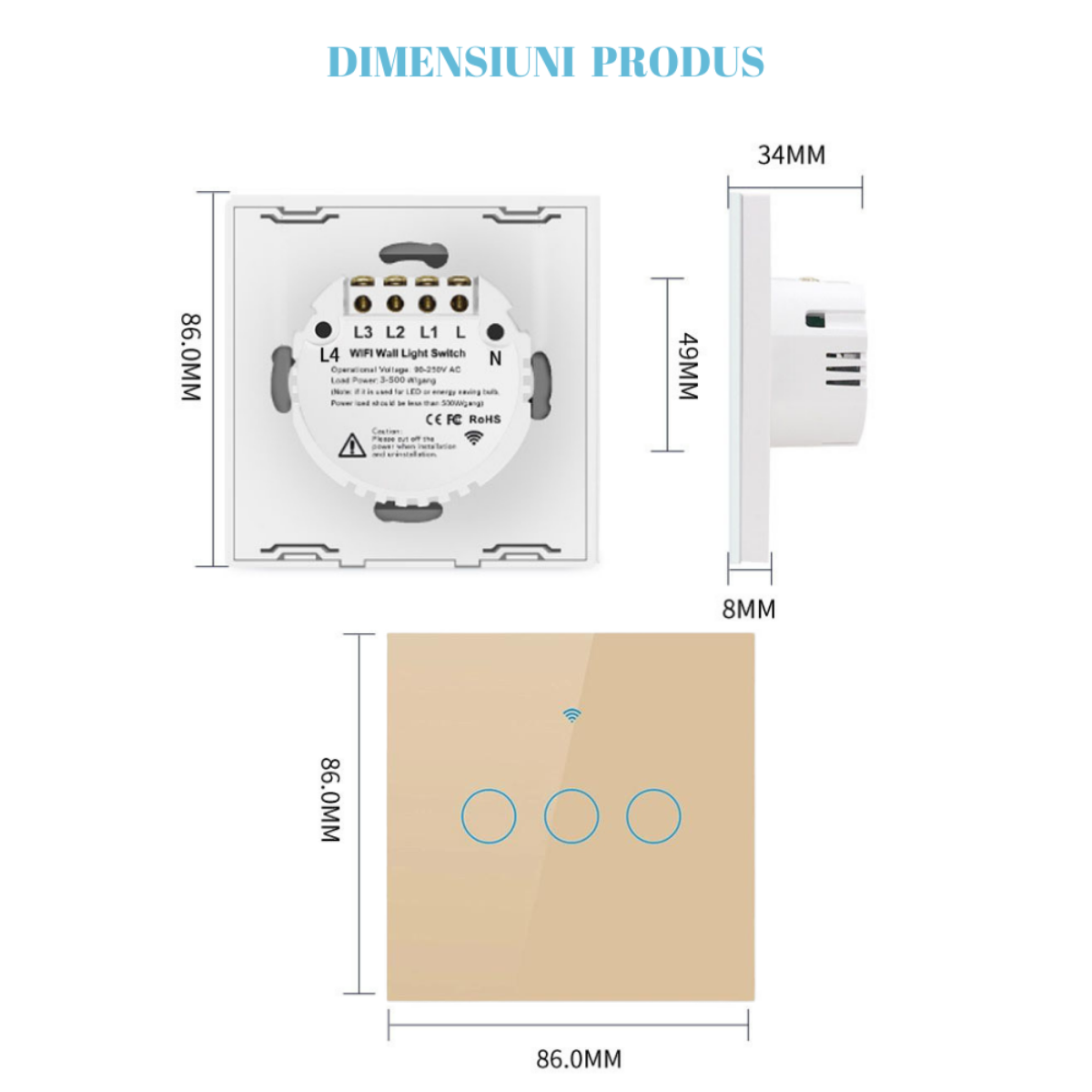Intrerupator inteligent cu touch, Wireless, VisionHub®, Wi-fi, 3 Canale, din Sticla Securizata, Compatibil iOS/Android, Tuya, Amazon Alexa/Google Assistant, rezistent la zgarieturi, ideal pentru birou, camera de zi, dormitor, baie si bucatarie, Auriu