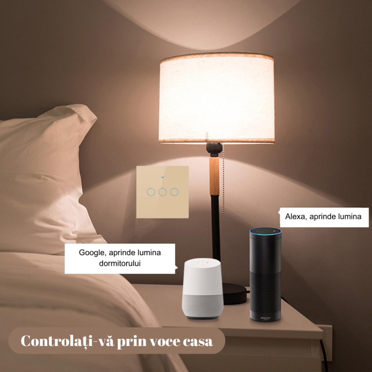 Intrerupator inteligent cu touch, Wireless, VisionHub®, Wi-fi, 3 Canale, din Sticla Securizata, Compatibil iOS/Android, Tuya, Amazon Alexa/Google Assistant, rezistent la zgarieturi, ideal pentru birou, camera de zi, dormitor, baie si bucatarie, Auriu