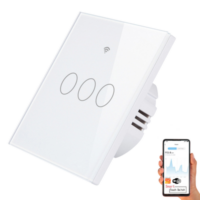 Intrerupator inteligent cu touch, Wireless, VisionHub®, Wi-fi, 3 Canale, din Sticla Securizata, Compatibil iOS/Android, Tuya, Amazon Alexa/Google Assistant, rezistent la zgarieturi, ideal pentru birou, camera de zi, dormitor, baie si bucatarie, Alb
