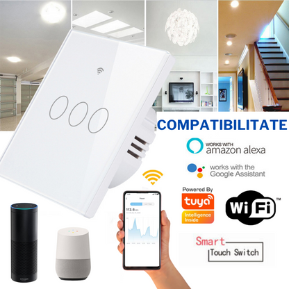 Intrerupator inteligent cu touch, Wireless, VisionHub®, Wi-fi, 3 Canale, din Sticla Securizata, Compatibil iOS/Android, Tuya, Amazon Alexa/Google Assistant, rezistent la zgarieturi, ideal pentru birou, camera de zi, dormitor, baie si bucatarie, Alb