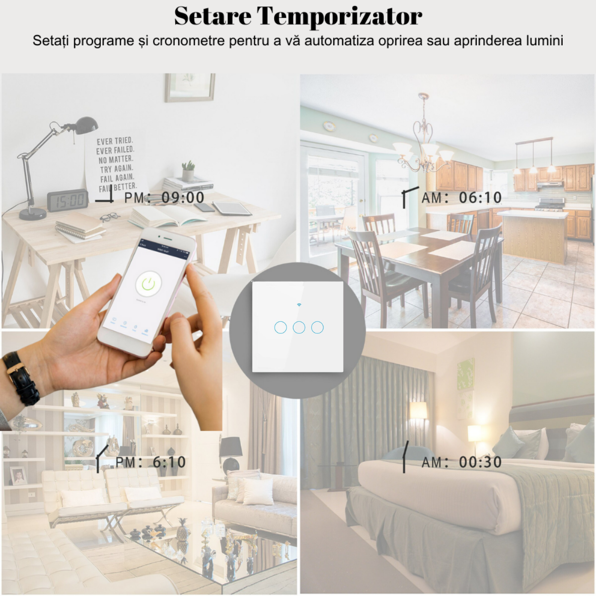 Intrerupator inteligent cu touch, Wireless, VisionHub®, Wi-fi, 3 Canale, din Sticla Securizata, Compatibil iOS/Android, Tuya, Amazon Alexa/Google Assistant, rezistent la zgarieturi, ideal pentru birou, camera de zi, dormitor, baie si bucatarie, Alb
