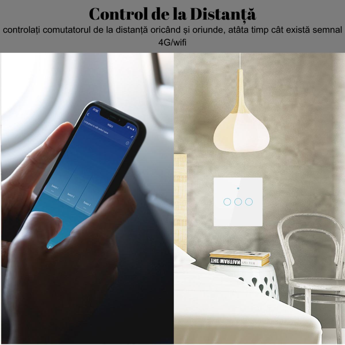 Intrerupator inteligent cu touch, Wireless, VisionHub®, Wi-fi, 3 Canale, din Sticla Securizata, Compatibil iOS/Android, Tuya, Amazon Alexa/Google Assistant, rezistent la zgarieturi, ideal pentru birou, camera de zi, dormitor, baie si bucatarie, Alb