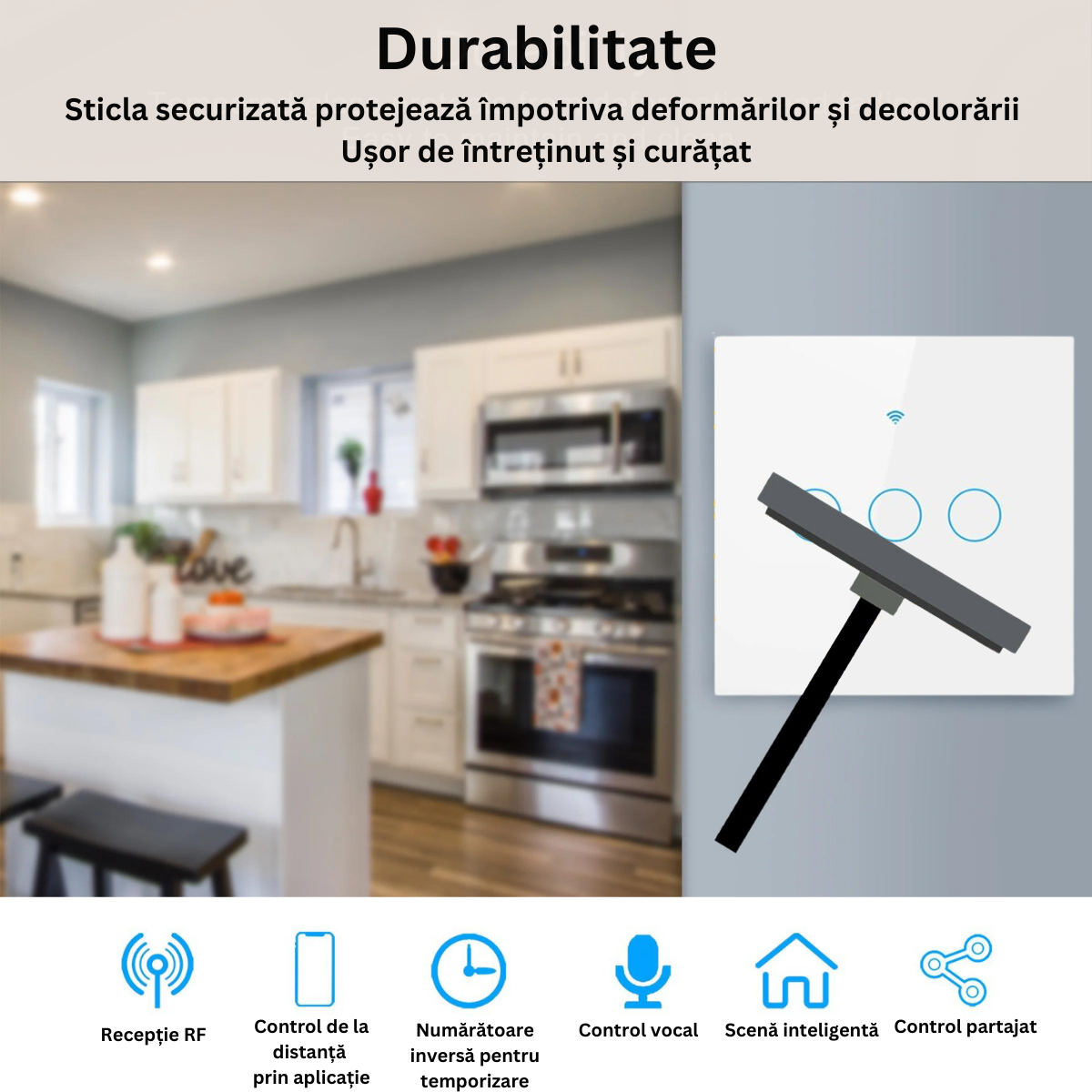 Intrerupator inteligent cu touch, Wireless, VisionHub®, Wi-fi, 3 Canale, din Sticla Securizata, Compatibil iOS/Android, Tuya, Amazon Alexa/Google Assistant, rezistent la zgarieturi, ideal pentru birou, camera de zi, dormitor, baie si bucatarie, Alb