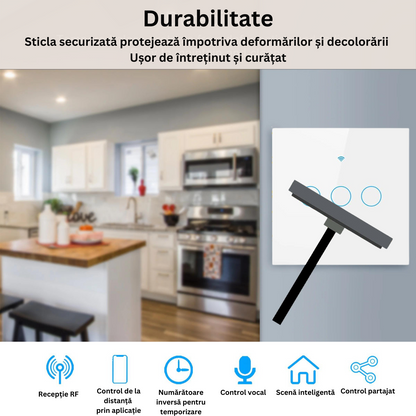 Intrerupator inteligent cu touch, Wireless, VisionHub®, Wi-fi, 3 Canale, din Sticla Securizata, Compatibil iOS/Android, Tuya, Amazon Alexa/Google Assistant, rezistent la zgarieturi, ideal pentru birou, camera de zi, dormitor, baie si bucatarie, Alb