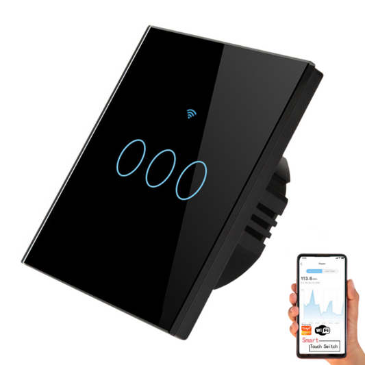Intrerupator inteligent cu touch, Wireless, VisionHub®, Wi-fi, 3 Canale, din Sticla Securizata, Compatibil iOS/Android, Tuya, Amazon Alexa/Google Assistant, rezistent la zgarieturi, ideal pentru birou, camera de zi, dormitor, baie si bucatarie, Negru