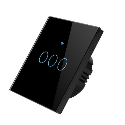 Intrerupator inteligent cu touch, Wireless, VisionHub®, Wi-fi, 3 Canale, din Sticla Securizata, Compatibil iOS/Android, Tuya, Amazon Alexa/Google Assistant, rezistent la zgarieturi, ideal pentru birou, camera de zi, dormitor, baie si bucatarie, Negru