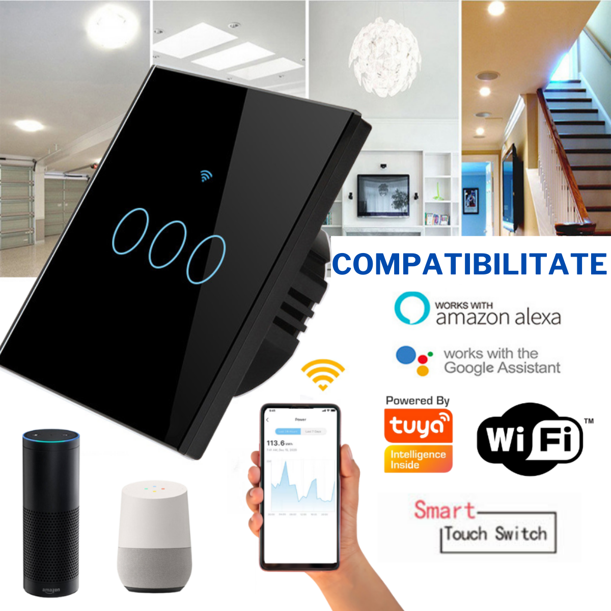 Intrerupator inteligent cu touch, Wireless, VisionHub®, Wi-fi, 3 Canale, din Sticla Securizata, Compatibil iOS/Android, Tuya, Amazon Alexa/Google Assistant, rezistent la zgarieturi, ideal pentru birou, camera de zi, dormitor, baie si bucatarie, Negru