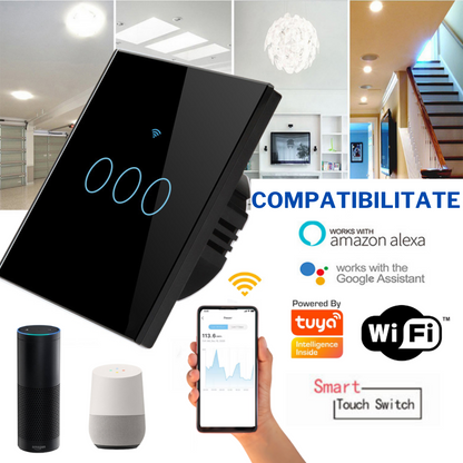 Intrerupator inteligent cu touch, Wireless, VisionHub®, Wi-fi, 3 Canale, din Sticla Securizata, Compatibil iOS/Android, Tuya, Amazon Alexa/Google Assistant, rezistent la zgarieturi, ideal pentru birou, camera de zi, dormitor, baie si bucatarie, Negru