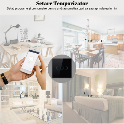 Intrerupator inteligent cu touch, Wireless, VisionHub®, Wi-fi, 3 Canale, din Sticla Securizata, Compatibil iOS/Android, Tuya, Amazon Alexa/Google Assistant, rezistent la zgarieturi, ideal pentru birou, camera de zi, dormitor, baie si bucatarie, Negru
