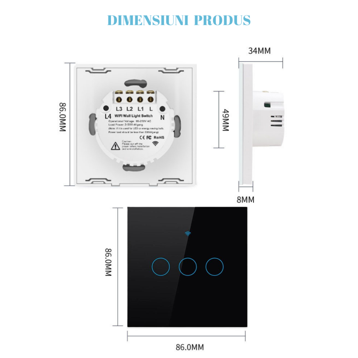 Intrerupator inteligent cu touch, Wireless, VisionHub®, Wi-fi, 3 Canale, din Sticla Securizata, Compatibil iOS/Android, Tuya, Amazon Alexa/Google Assistant, rezistent la zgarieturi, ideal pentru birou, camera de zi, dormitor, baie si bucatarie, Negru