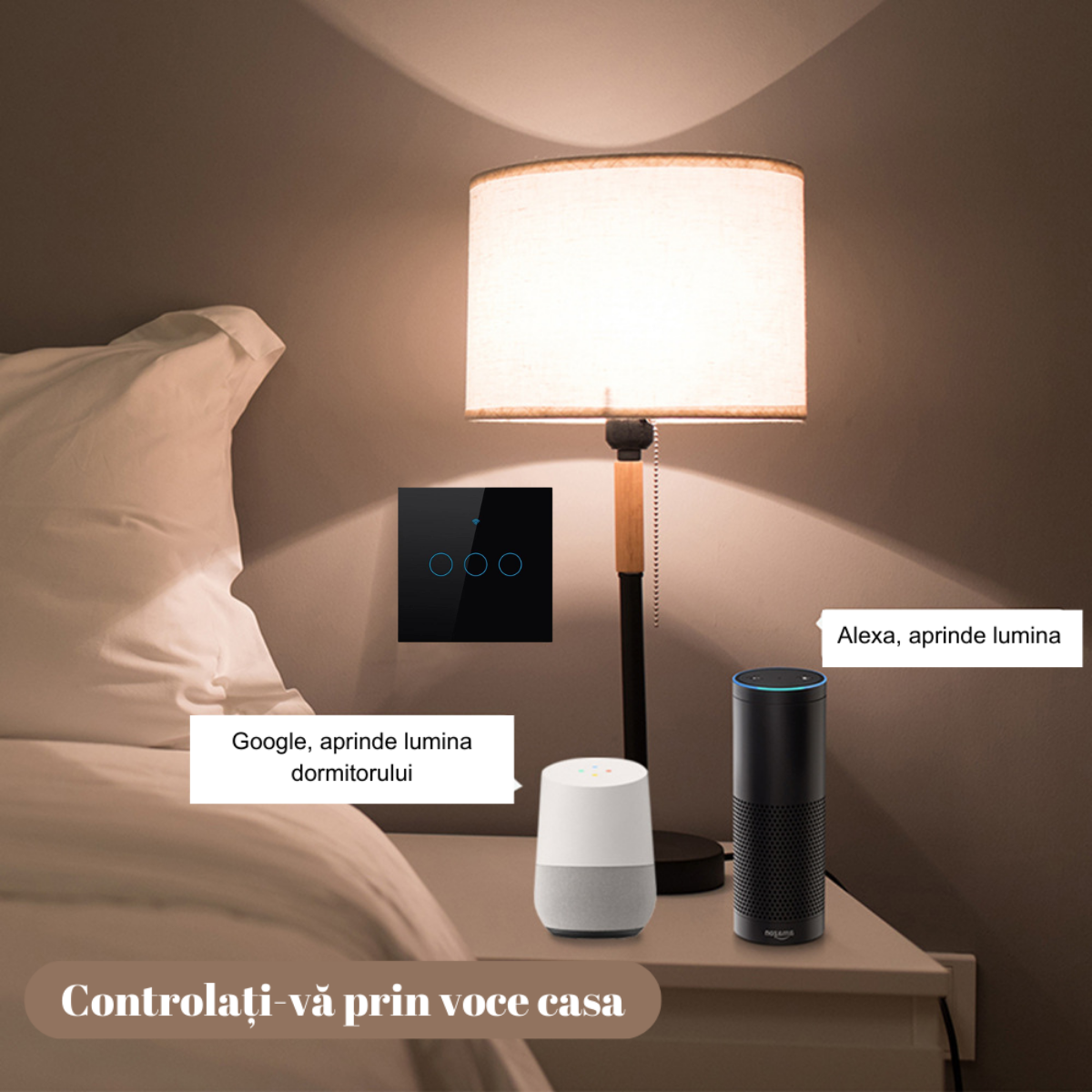 Intrerupator inteligent cu touch, Wireless, VisionHub®, Wi-fi, 3 Canale, din Sticla Securizata, Compatibil iOS/Android, Tuya, Amazon Alexa/Google Assistant, rezistent la zgarieturi, ideal pentru birou, camera de zi, dormitor, baie si bucatarie, Negru