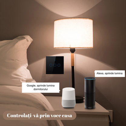 Intrerupator inteligent cu touch, Wireless, VisionHub®, Wi-fi, 3 Canale, din Sticla Securizata, Compatibil iOS/Android, Tuya, Amazon Alexa/Google Assistant, rezistent la zgarieturi, ideal pentru birou, camera de zi, dormitor, baie si bucatarie, Negru