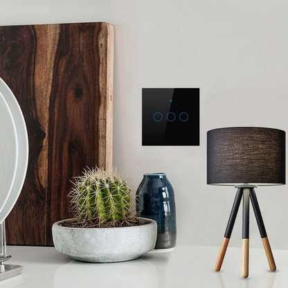 Intrerupator inteligent cu touch, Wireless, VisionHub®, Wi-fi, 3 Canale, din Sticla Securizata, Compatibil iOS/Android, Tuya, Amazon Alexa/Google Assistant, rezistent la zgarieturi, ideal pentru birou, camera de zi, dormitor, baie si bucatarie, Negru