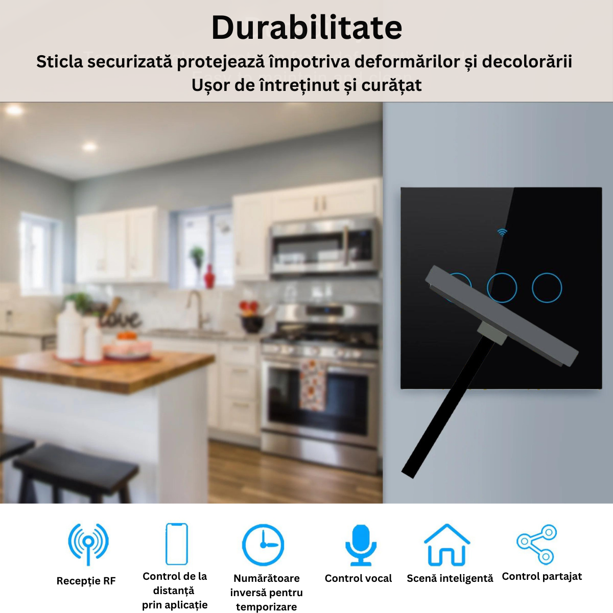 Intrerupator inteligent cu touch, Wireless, VisionHub®, Wi-fi, 3 Canale, din Sticla Securizata, Compatibil iOS/Android, Tuya, Amazon Alexa/Google Assistant, rezistent la zgarieturi, ideal pentru birou, camera de zi, dormitor, baie si bucatarie, Negru