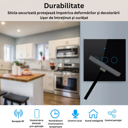 Intrerupator inteligent cu touch, Wireless, VisionHub®, Wi-fi, 3 Canale, din Sticla Securizata, Compatibil iOS/Android, Tuya, Amazon Alexa/Google Assistant, rezistent la zgarieturi, ideal pentru birou, camera de zi, dormitor, baie si bucatarie, Negru