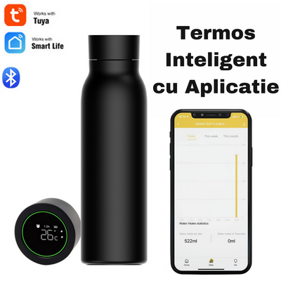 Termos Inteligent cu afisaj Led si Ecran Tactil VisionHub®, indicator temperatura, otel inoxidabil cu perete dublu, sticla inteligenta de apa cu aplicatie Tuya, urmareste consumul de apa, cu alarma, 600 ml