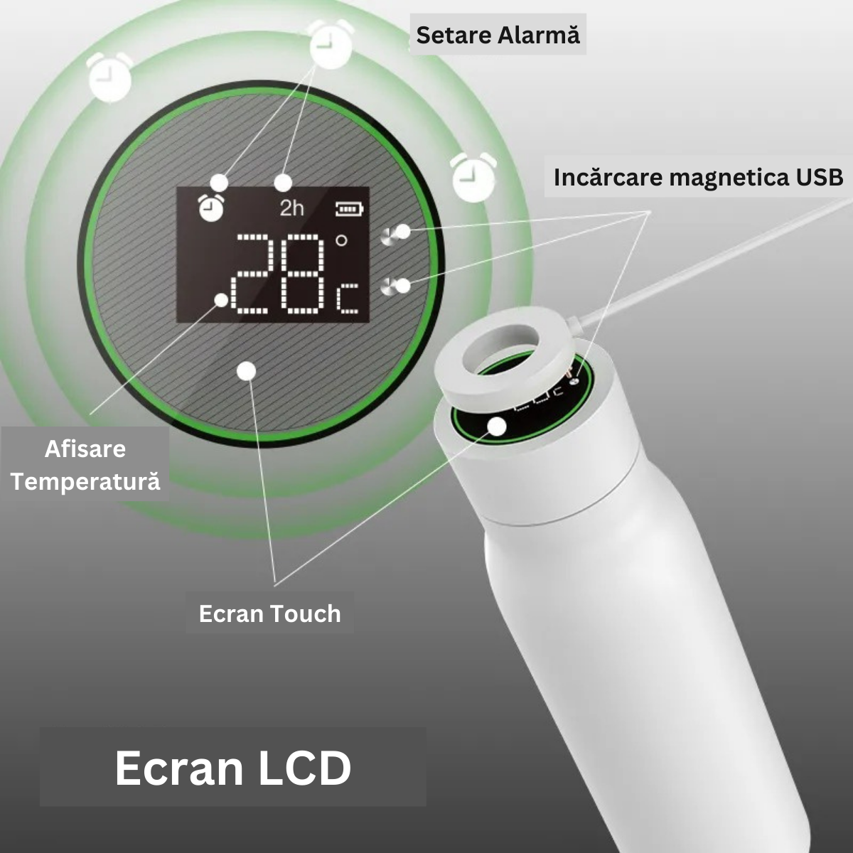 Termos Inteligent cu afisaj Led si Ecran Tactil VisionHub®, indicator temperatura, otel inoxidabil cu perete dublu, sticla inteligenta de apa cu aplicatie Tuya, urmareste consumul de apa, cu alarma, 600 ml