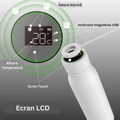 Termos Inteligent cu afisaj Led si Ecran Tactil VisionHub®, indicator temperatura, otel inoxidabil cu perete dublu, sticla inteligenta de apa cu aplicatie Tuya, urmareste consumul de apa, cu alarma, 600 ml